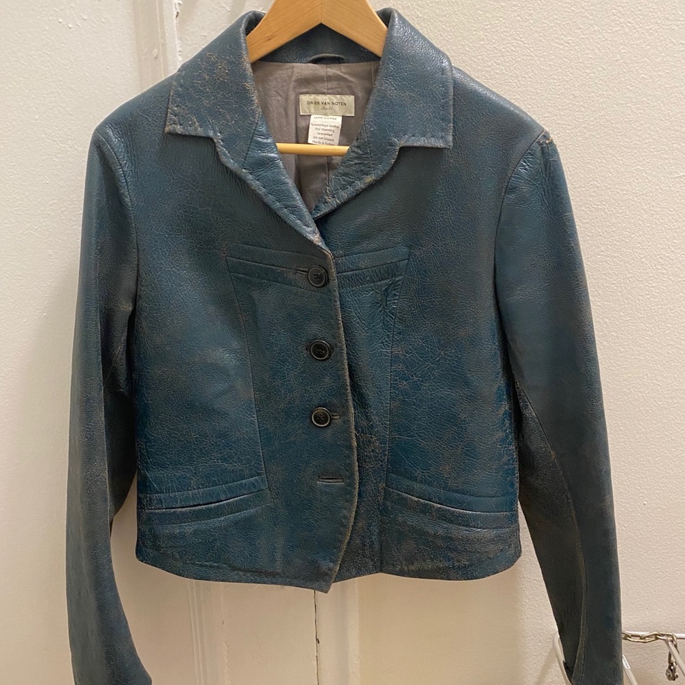 Dries Distressed Leather Petrol Cropped Jacket